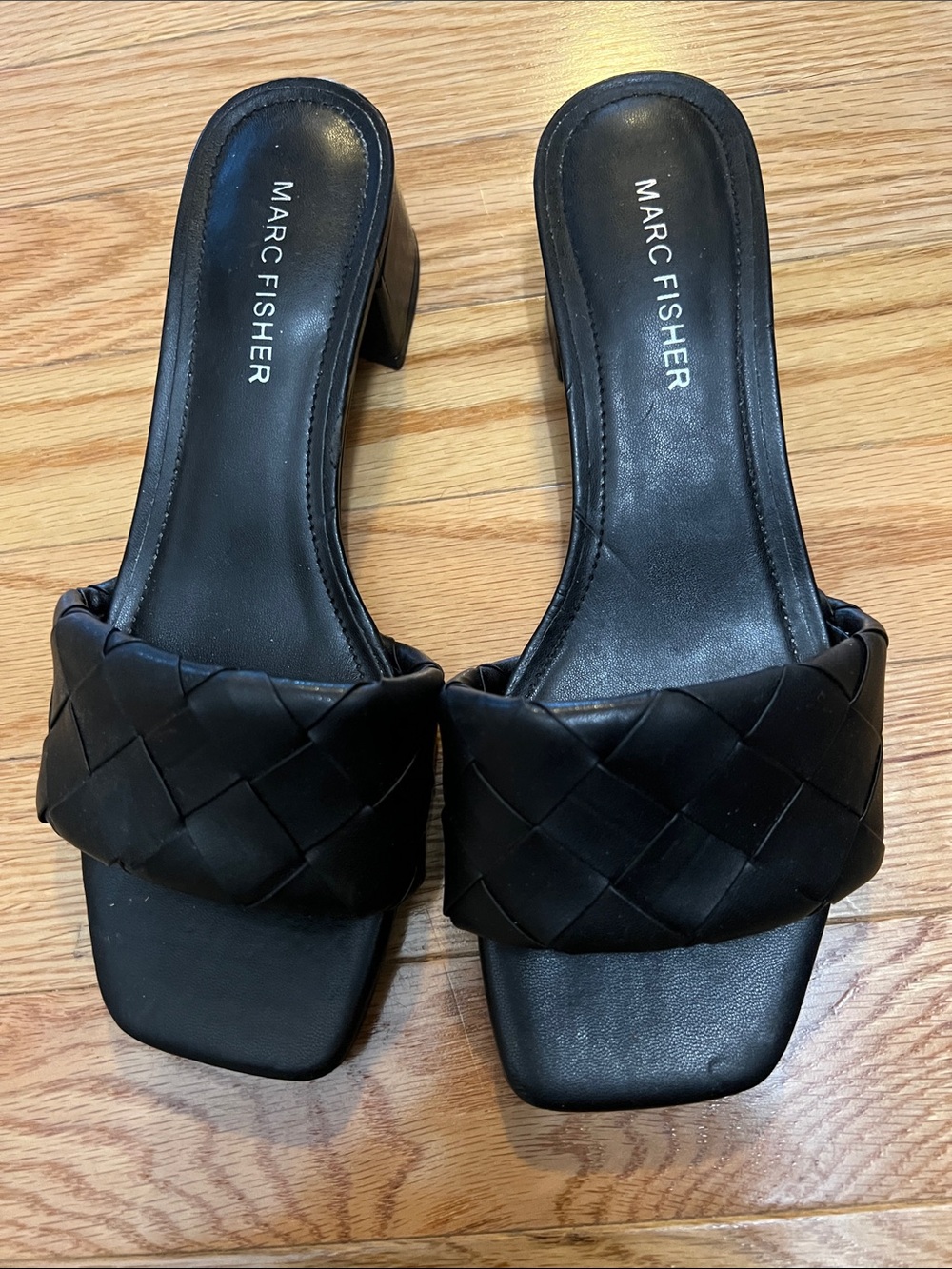Marc Fisher Black Braided Square-Toe Block Heel Mules